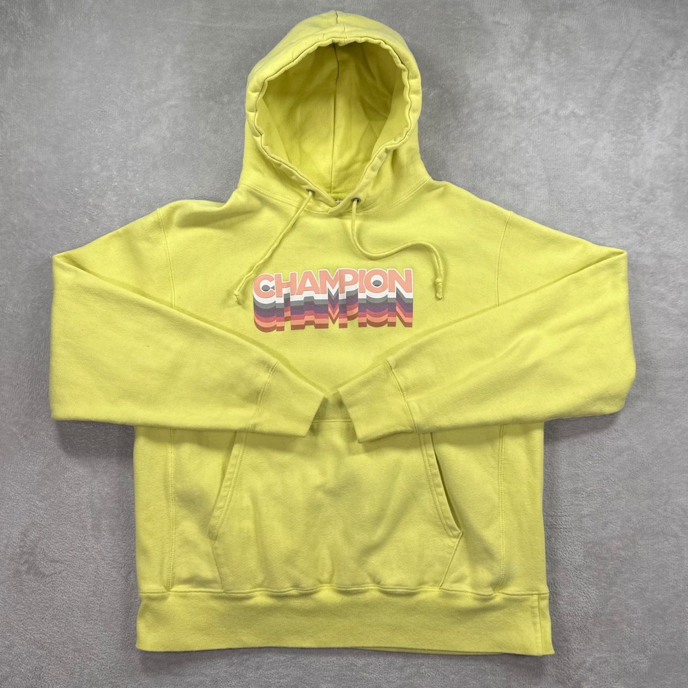 Champion Hoodie Mens Large Yellow Reverse Weave Graphic Pullover Sweatshirt